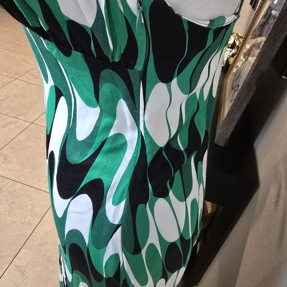 Zara Satin Printed Camisole Green and White Wave Maxi Dress Size S - Picture 5 of 9